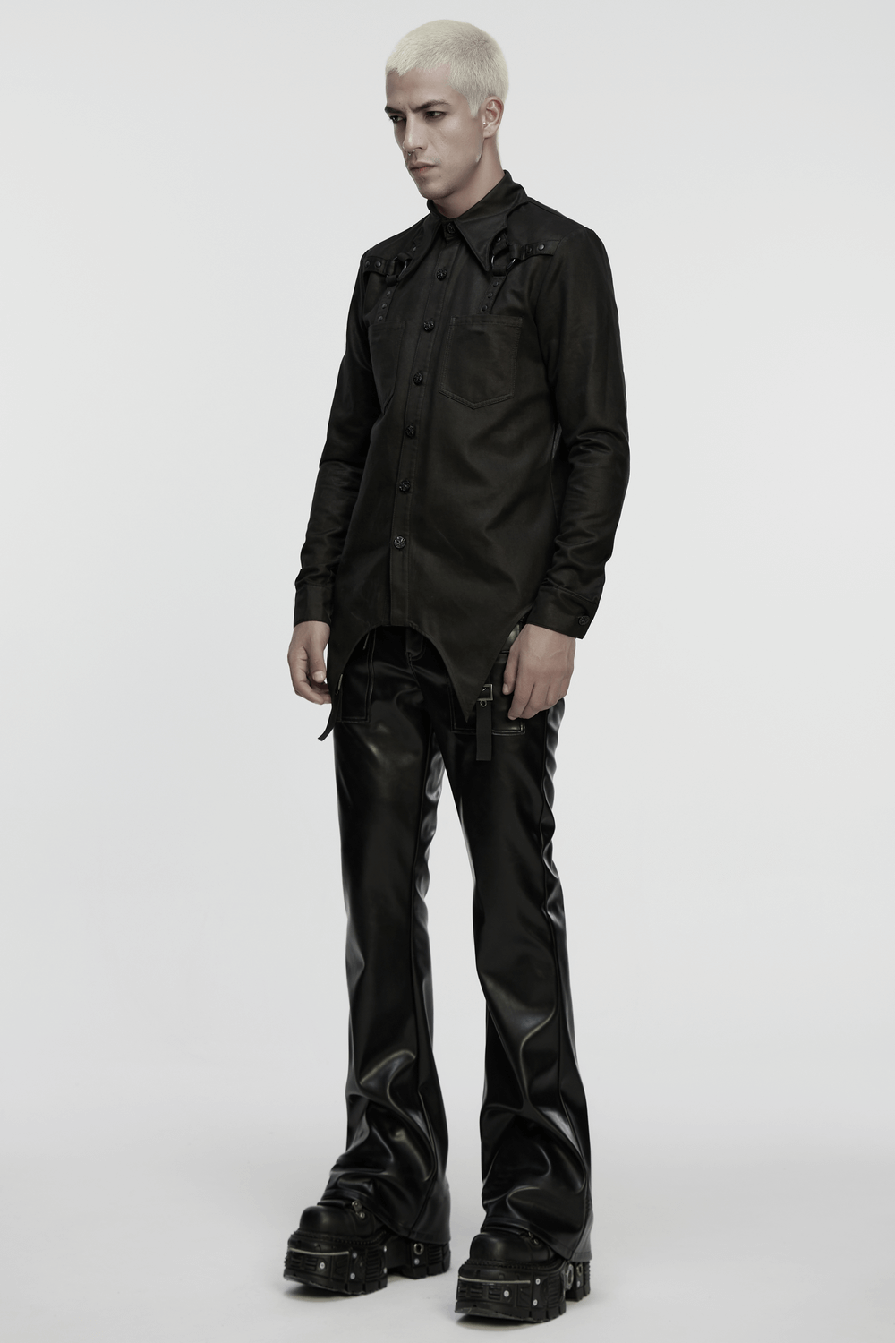 Gothic Faux Leather Shirt with Bat Collar and Straps worn by model in stylish outfit, showcasing its unique design.