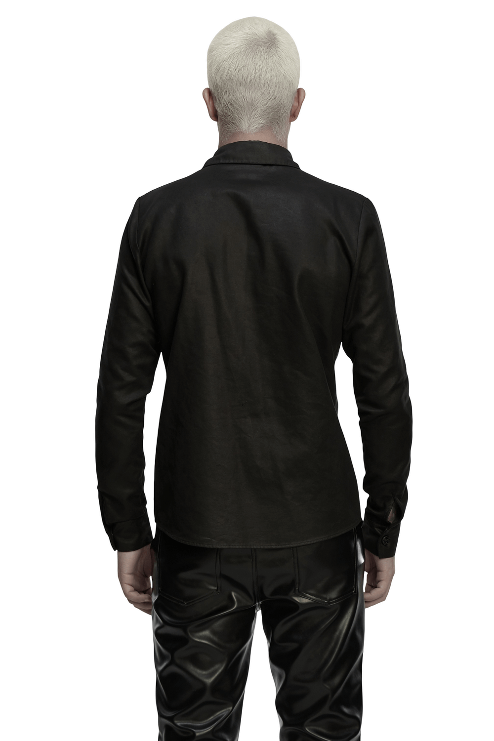 Gothic Faux Leather Shirt with Bat Collar and Straps, back view showcasing sleek design and tailored fit.