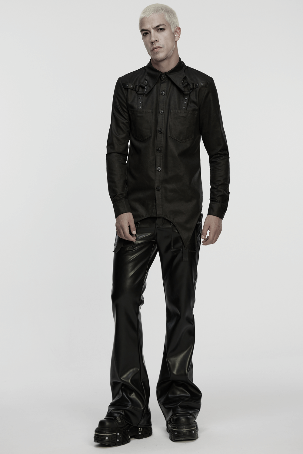 Model wearing Gothic Faux Leather Shirt with Bat Collar and Straps in matte black, showcasing a bold cyberpunk style.