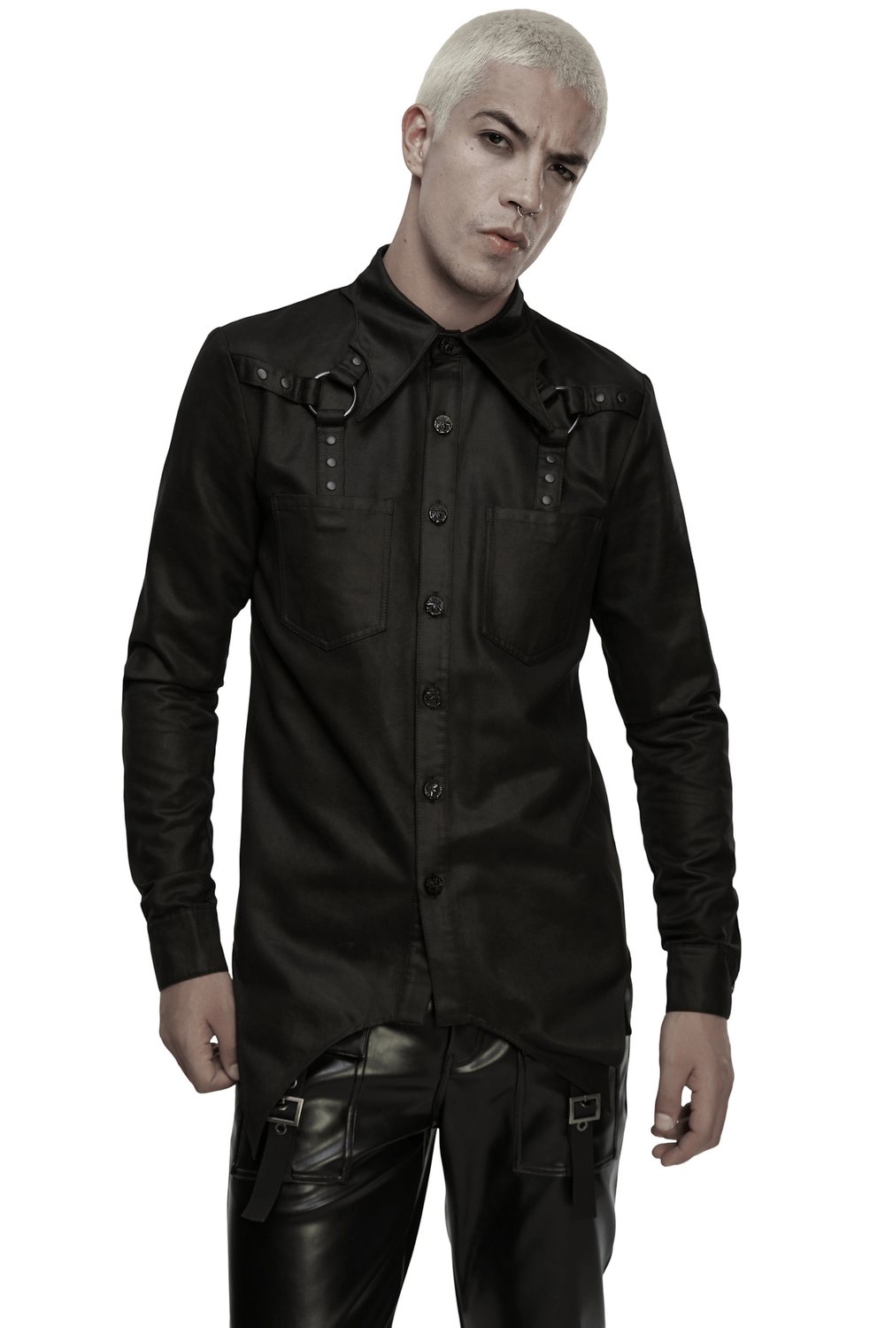 Gothic Faux Leather Shirt with Bat Collar and Straps worn by male model, featuring pointed hem and shoulder straps.