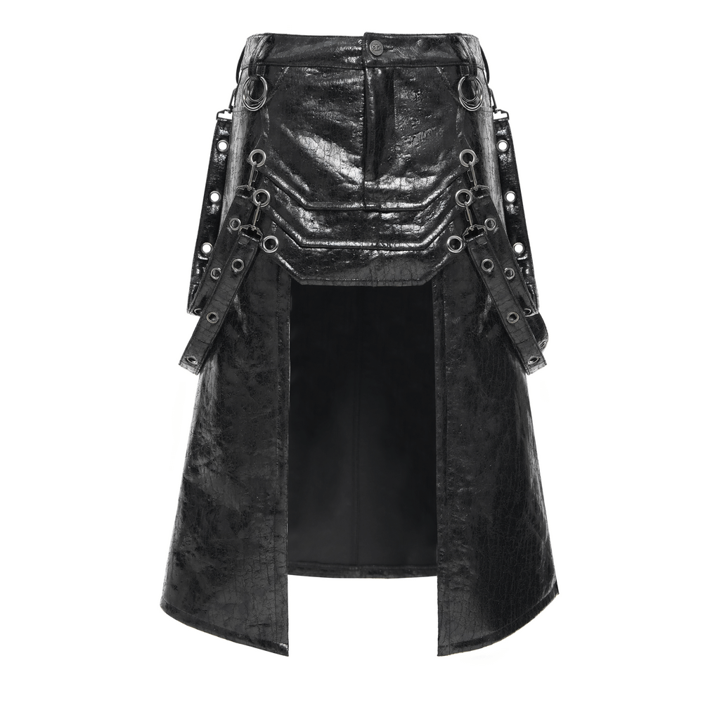 Gothic faux leather skirt with straps, buckles, and front slit, perfect for punk-inspired fashion.