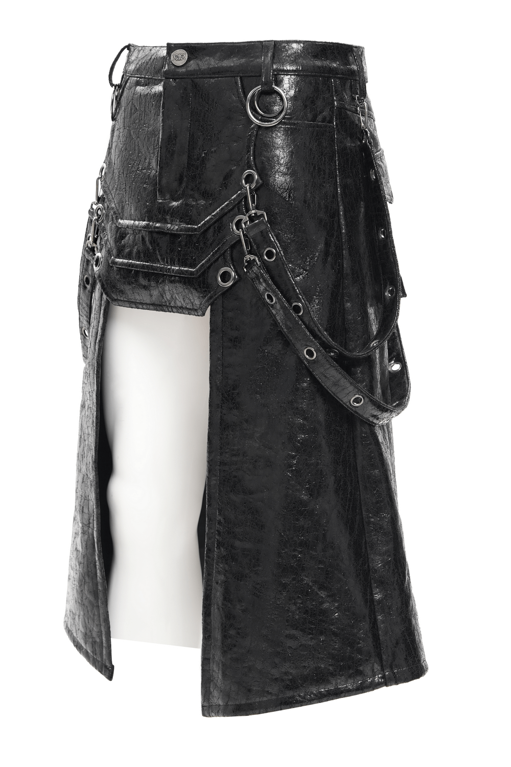 Gothic faux leather skirt with straps, buckles, and metal ring accents for a punk-inspired edgy look.