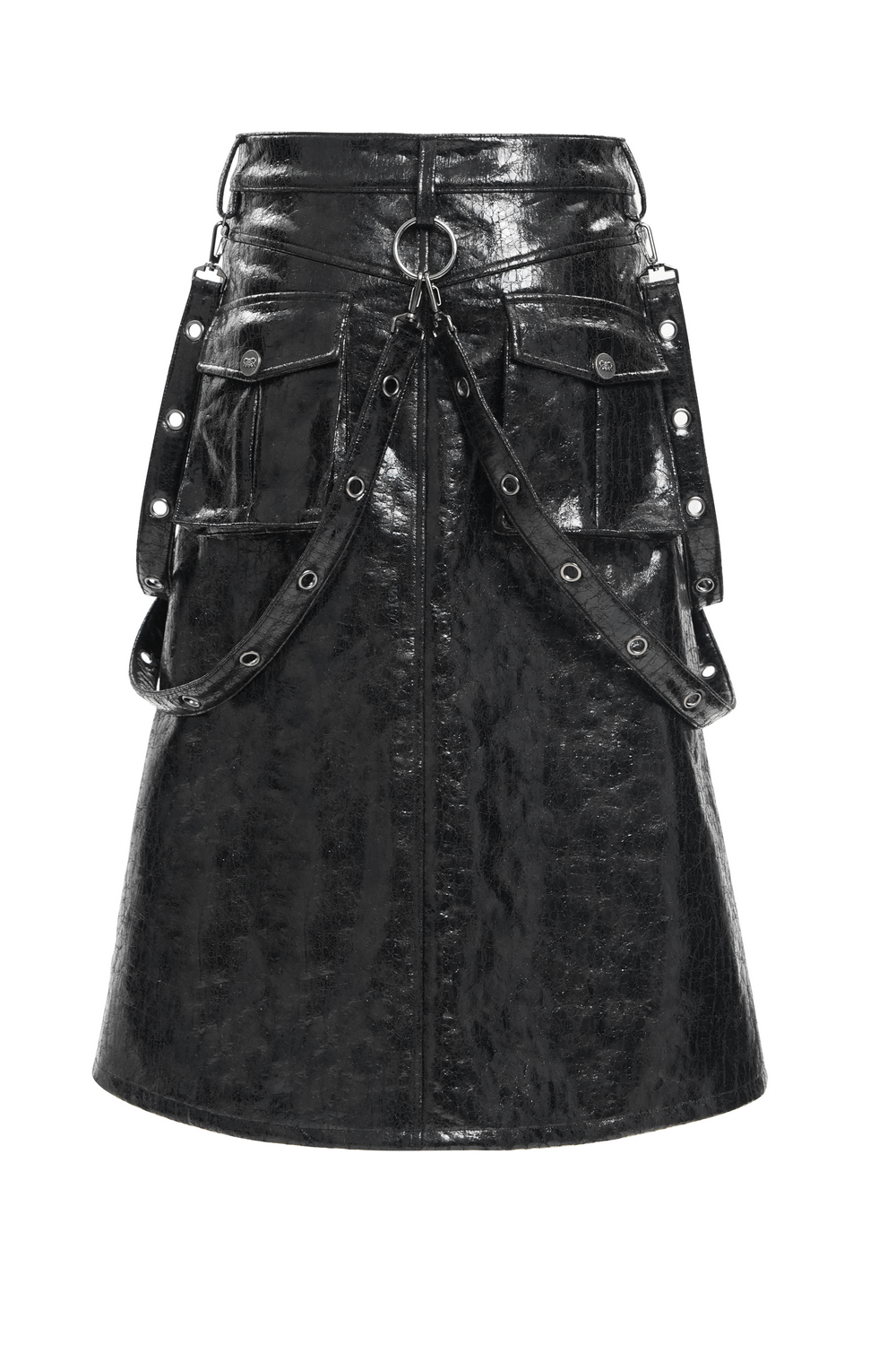 Gothic faux leather skirt with straps, buckles, and metal ring accents for an edgy punk fashion statement.