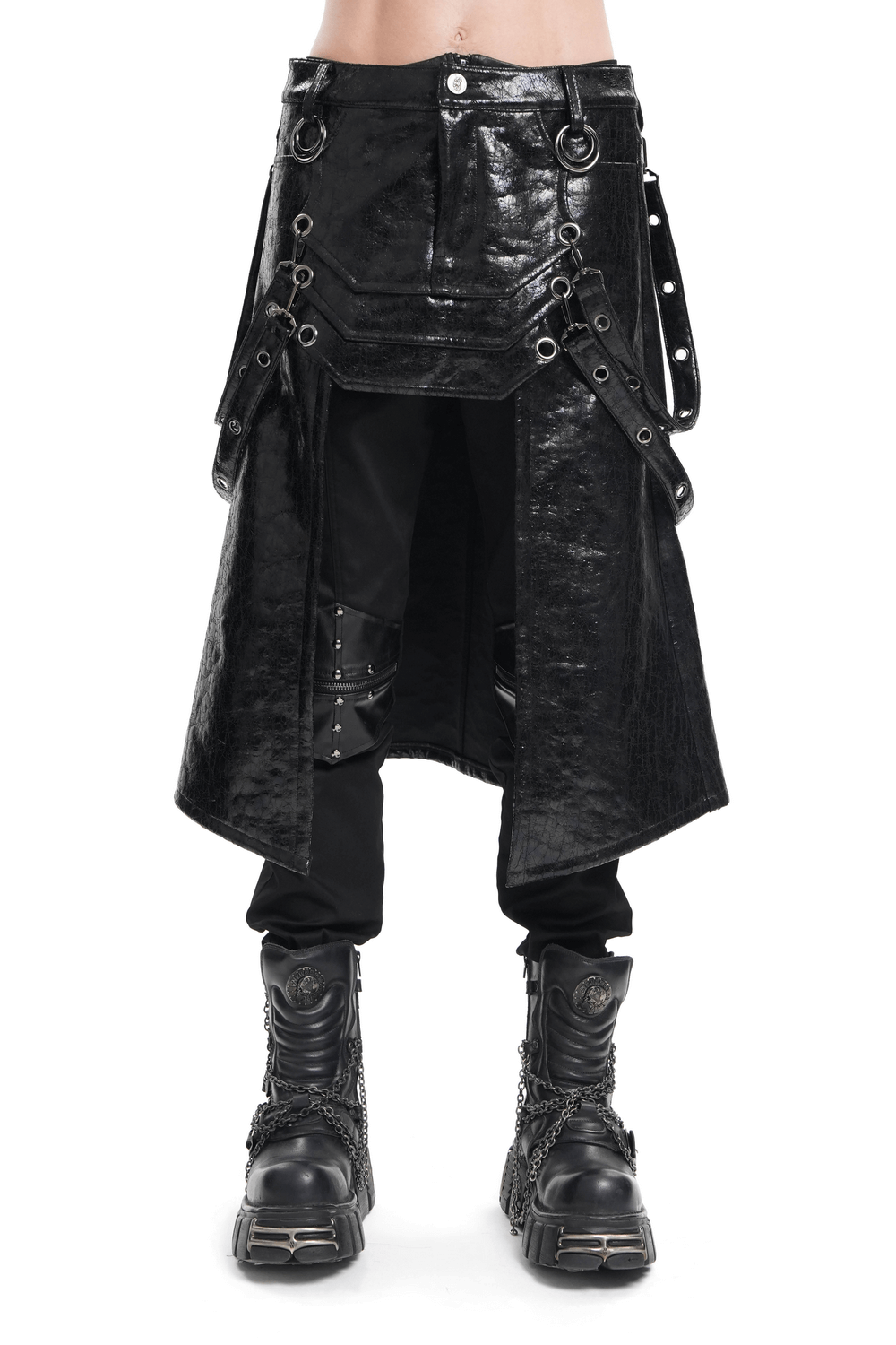 Punk-inspired gothic faux leather skirt with straps, buckles, and metal rings, perfect for edgy streetwear and cosplay.