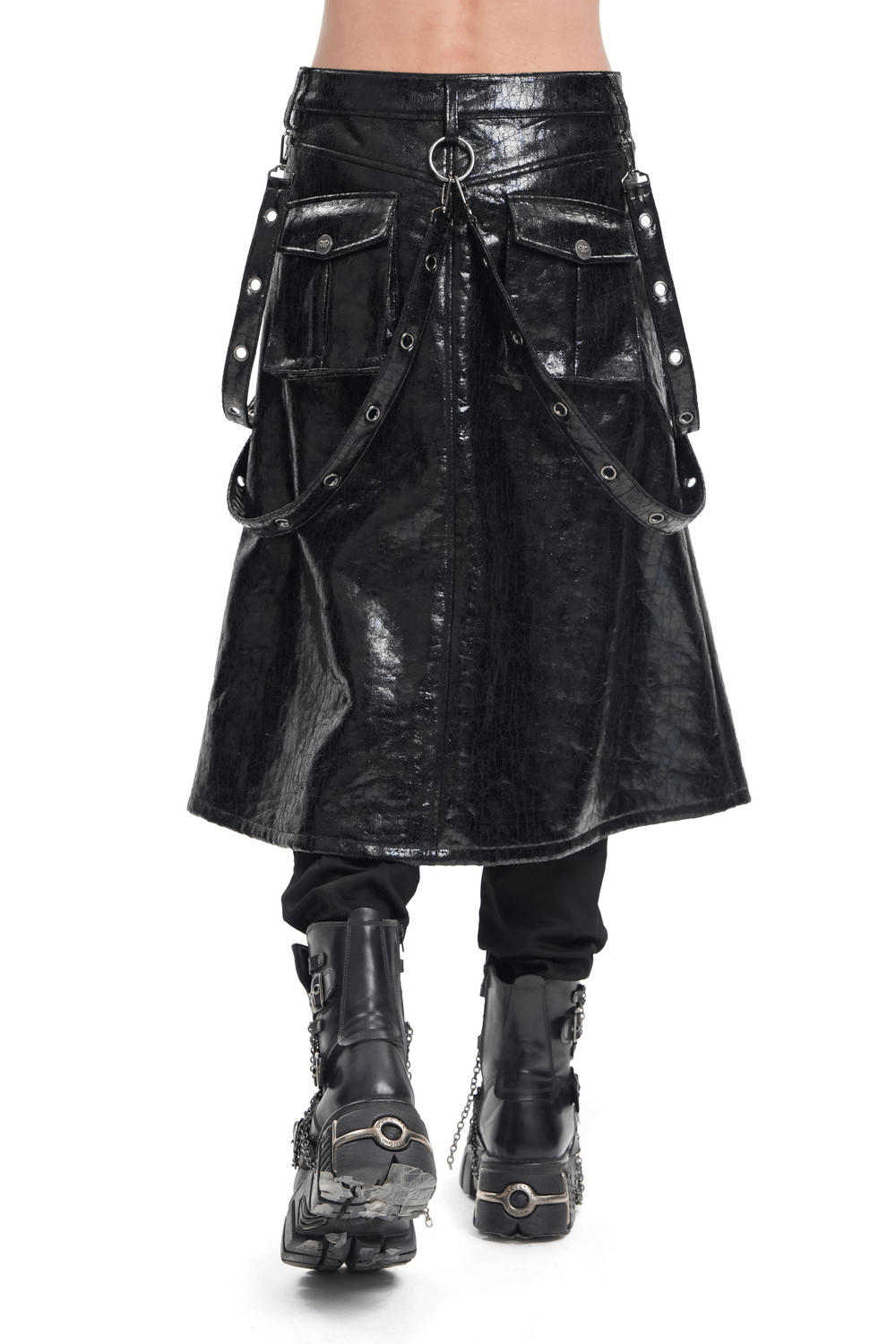 Edgy gothic faux leather skirt with straps and buckles, perfect for punk style and alternative streetwear.