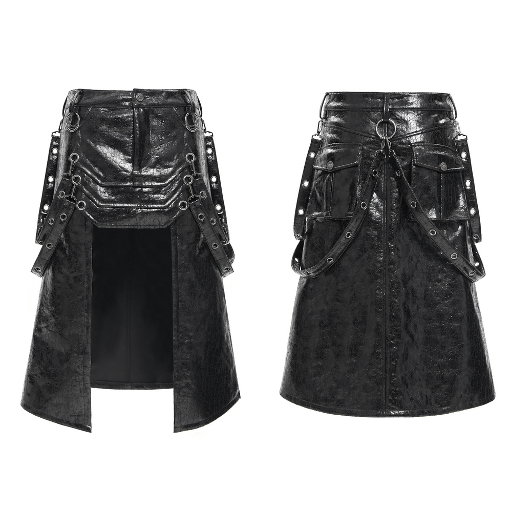 Gothic faux leather skirt with straps, buckles, and front slit, perfect for punk-inspired fashion.