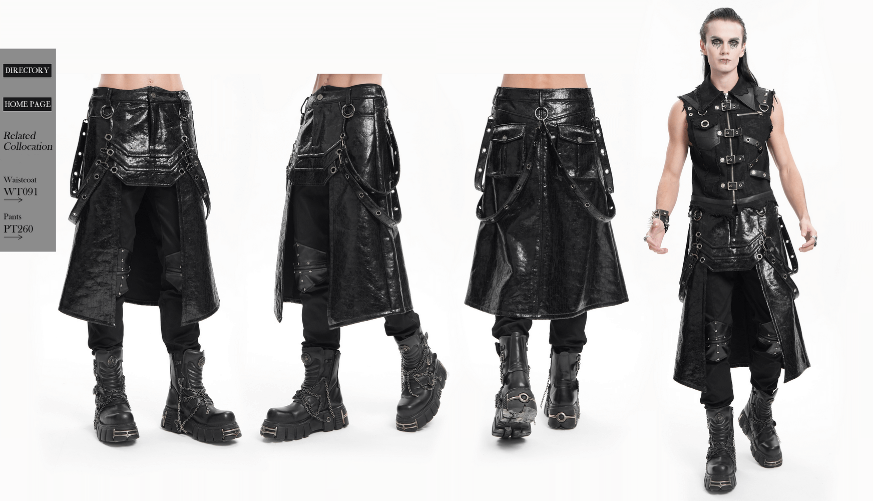 Gothic faux leather skirt with straps, buckles, and metal accents, perfect for punk-inspired fashion.