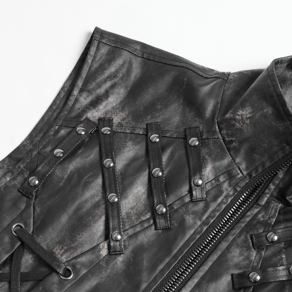 Close-up of gothic faux leather vest showcasing zipper, lace-up sides, and studded details for punk rock style.