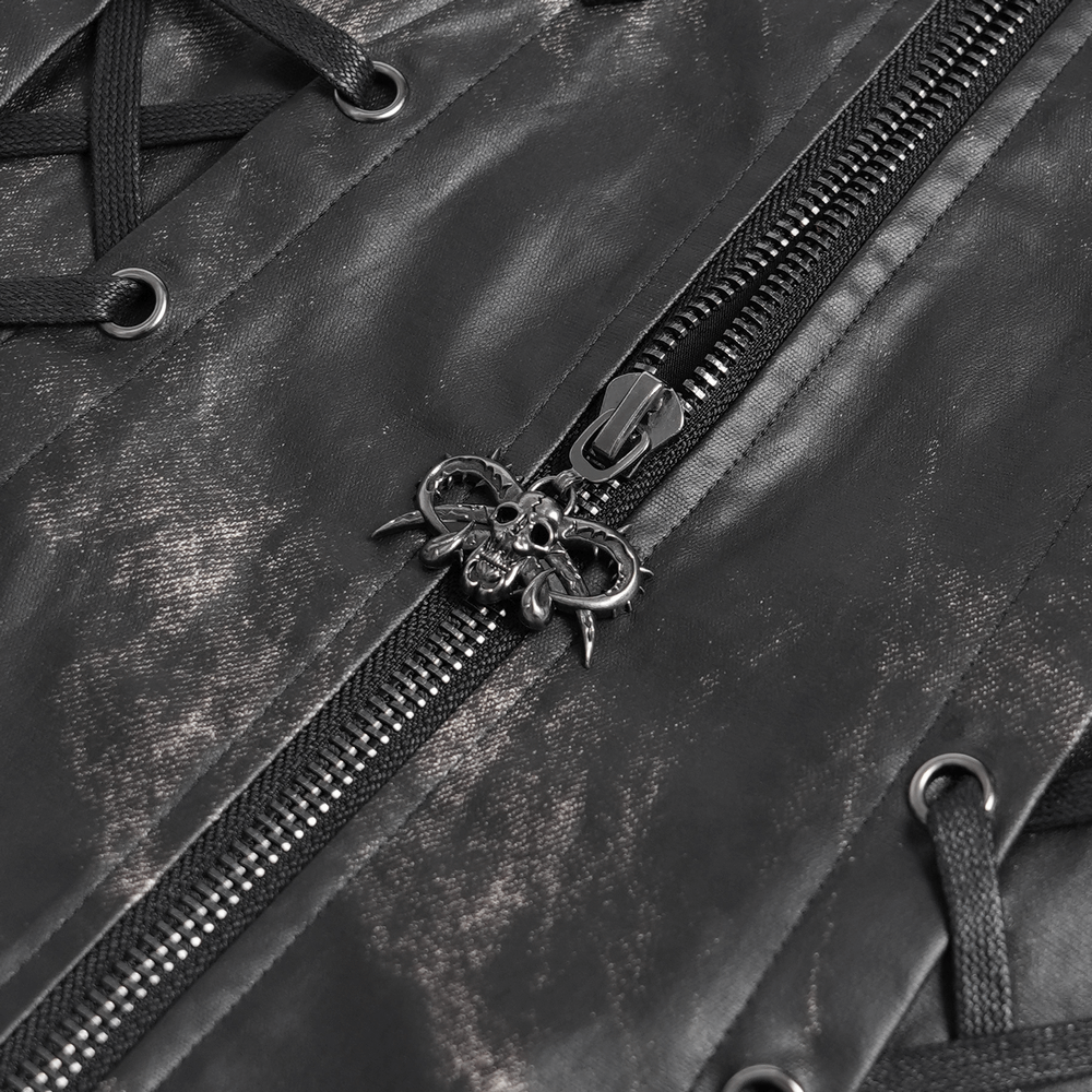 Gothic faux leather vest close-up showcasing lace-up sides and detailed zipper with skull charm.