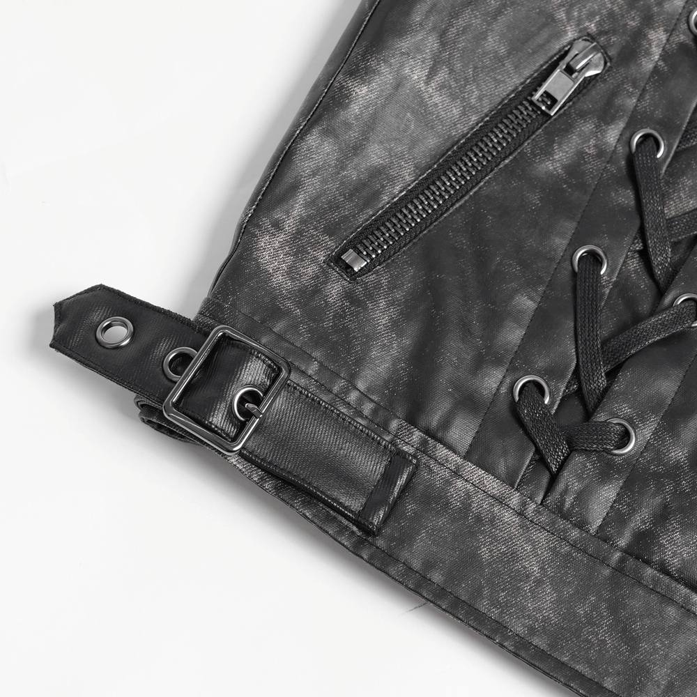 Close-up of gothic faux leather vest showcasing zipper, lace-up sides, and buckle detail for punk rock style.