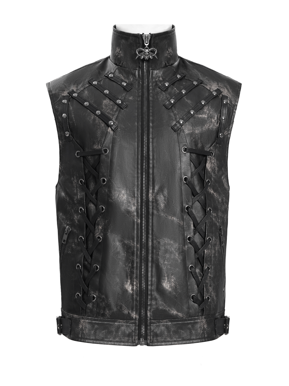 Gothic faux leather vest with zipper and lace-up sides, featuring studded details, perfect for punk and biker outfits.