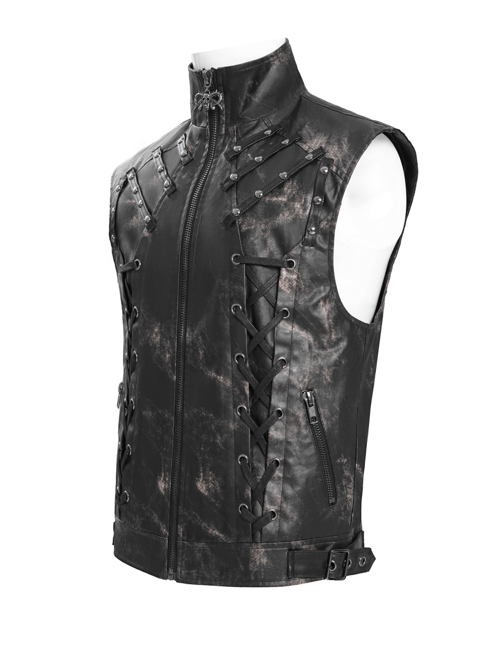 Gothic faux leather vest with zipper, lace-up sides, studs, and buckles for a bold punk rock style.