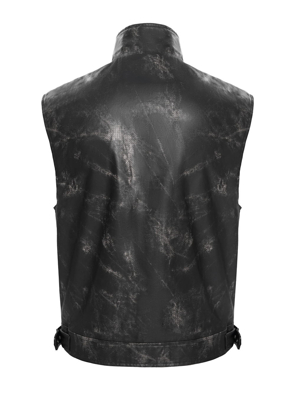 Back view of a gothic faux leather vest with a distressed black texture and adjustable waist buckles.