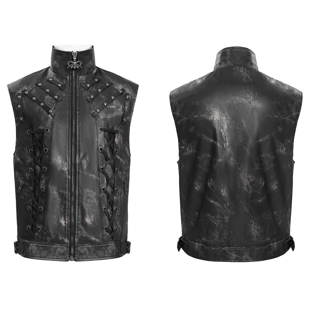 Gothic faux leather vest with zipper and lace-up sides, perfect for punk rock style and alternative fashion.
