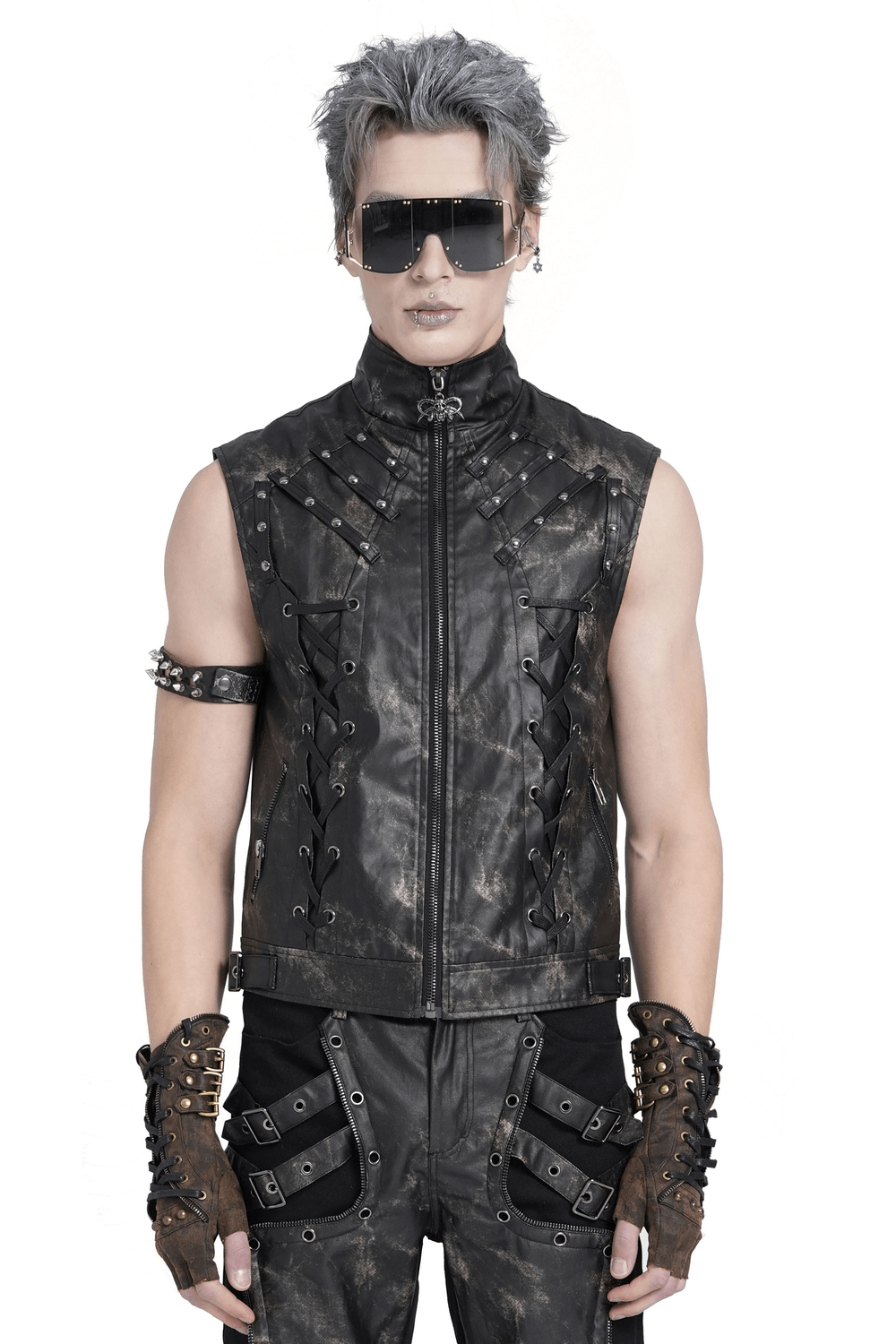 Gothic faux leather sleeveless vest with zipper, lace-up sides, and studded details, perfect for punk rock fashion.