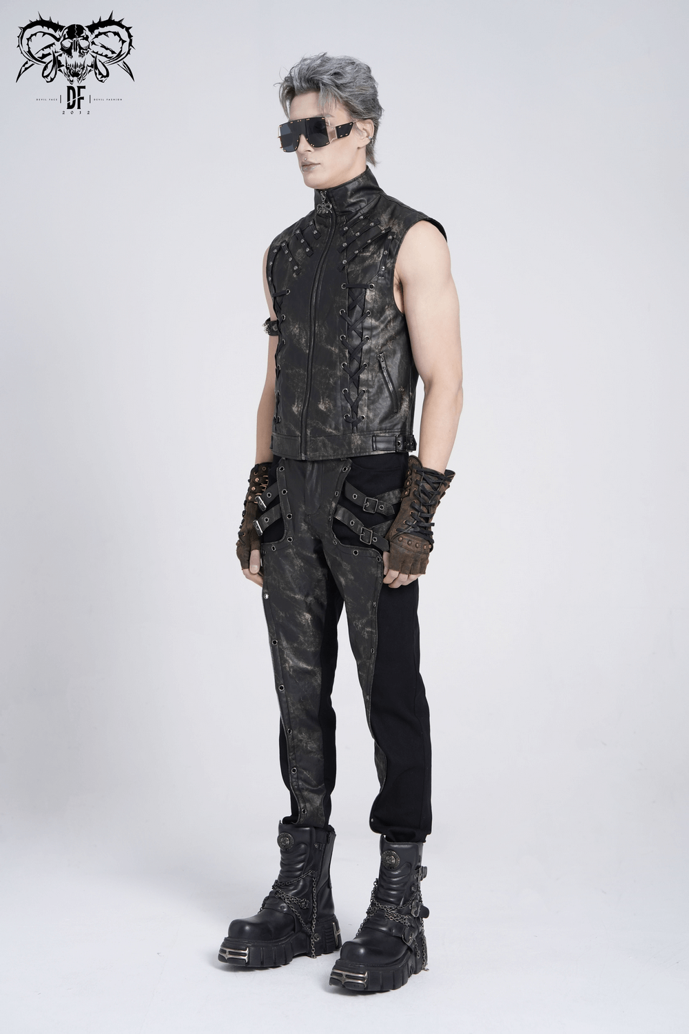 Gothic faux leather vest with zipper, lace-up sides, and studded detail, perfect for punk and alternative fashion.