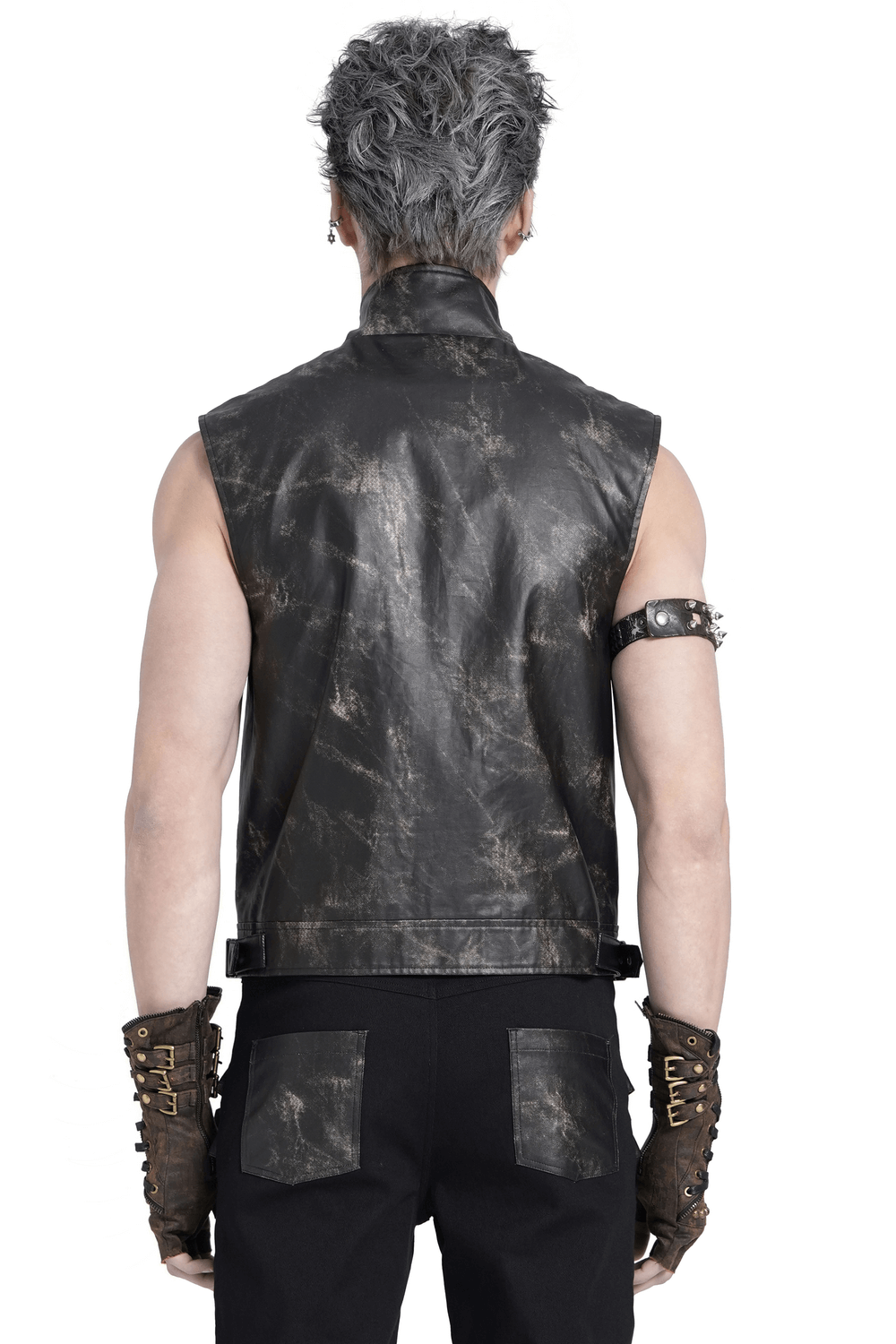 Back view of a gothic faux leather vest with a distressed look, styled for punk rock and alternative fashion.
