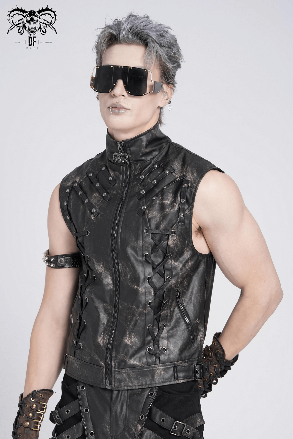 Gothic faux leather vest with zipper and lace-up sides, perfect for punk and rock fashion enthusiasts.