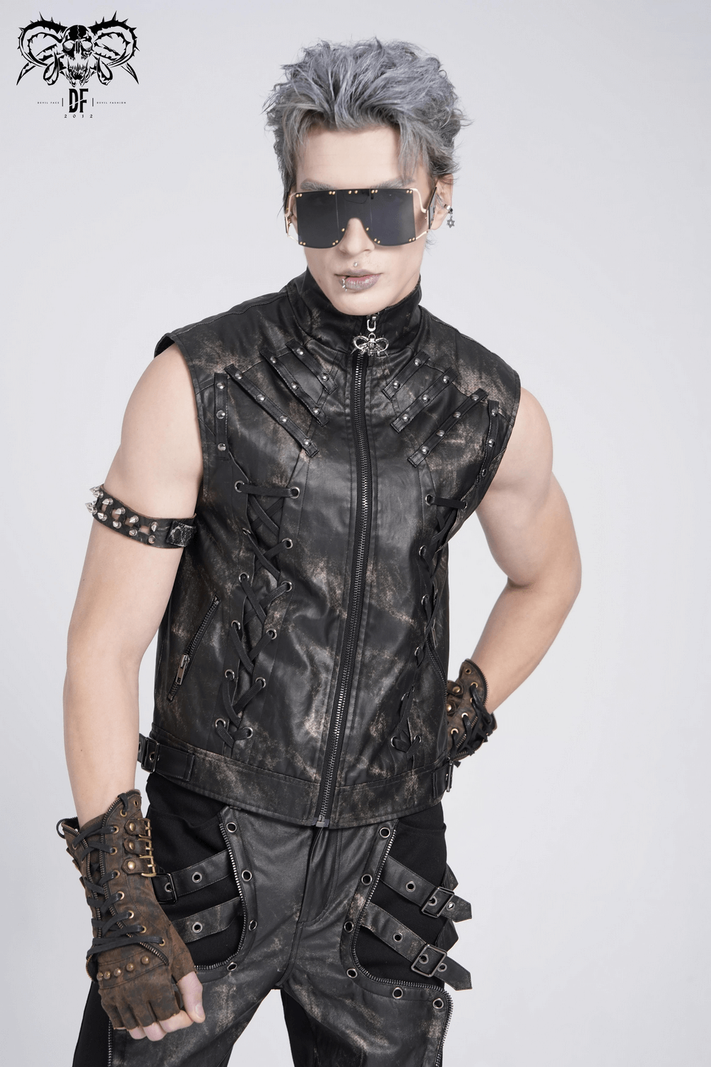 Gothic faux leather vest with zipper, lace-up sides, and punk accessories for edgy looks.
