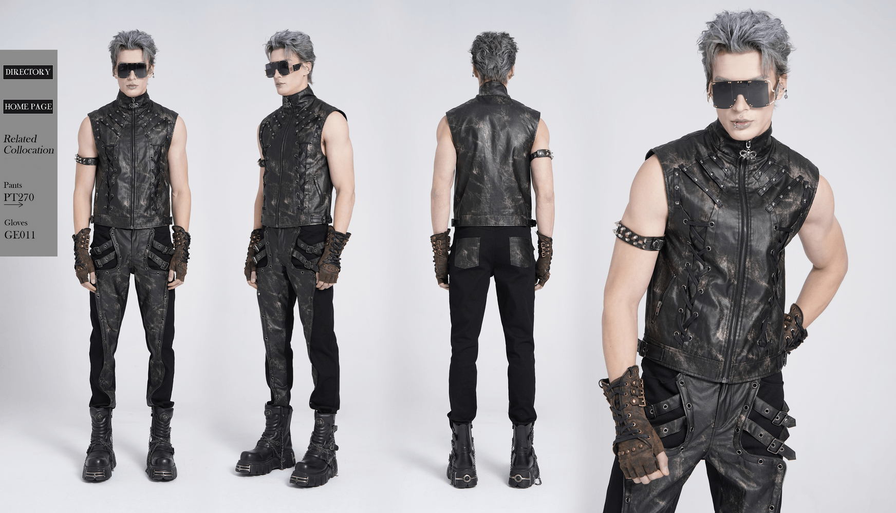 Gothic faux leather vest with zipper and lace-up sides, styled with punk rock pants and accessories. Perfect for alternative fashion.