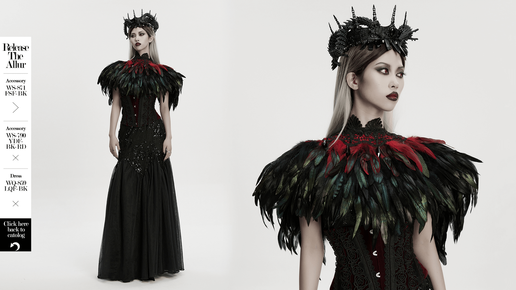 Gothic Feather and Lace Cape with Reversible Design worn by a model featuring dramatic feathers and lace detail.