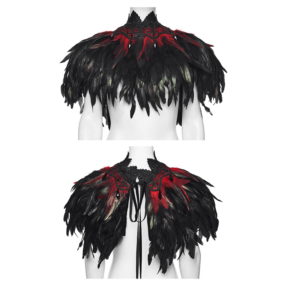 Gothic Feather and Lace Cape with Reversible Design showcasing feathers in black and red with lace ties.