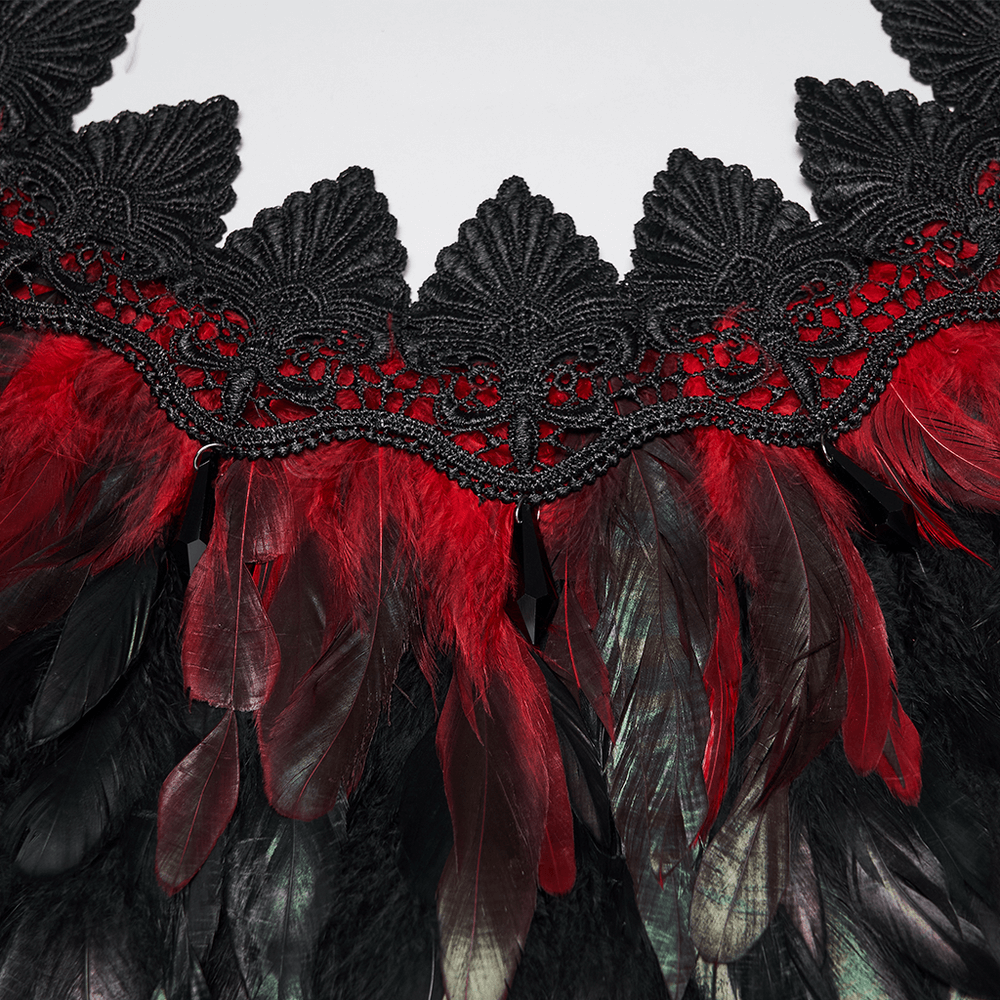 Gothic Feather and Lace Cape with Reversible Design featuring striking red and black feathers and intricate lace detailing.