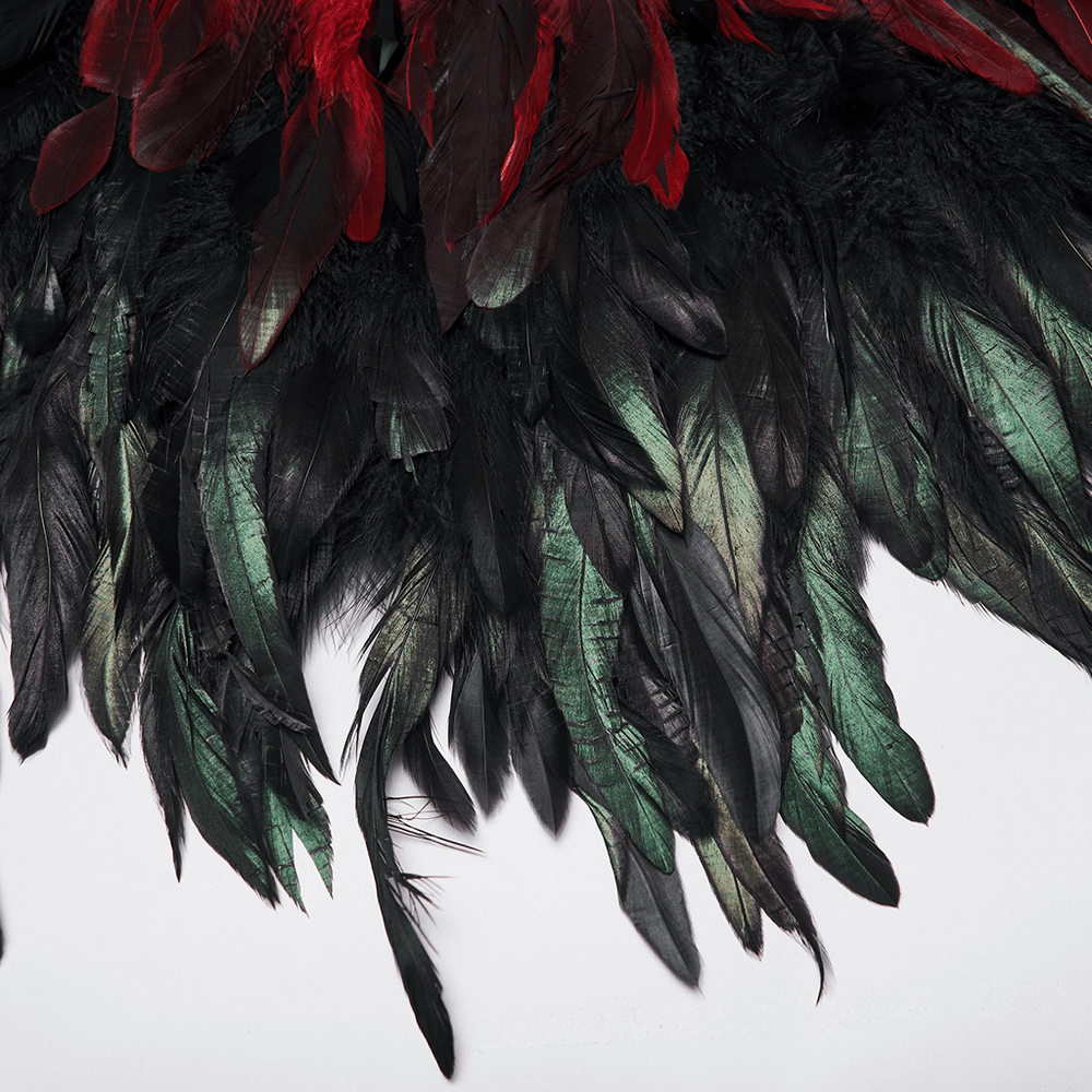 Gothic Feather and Lace Cape with Reversible Design featuring vibrant feathers in black, red, and green.