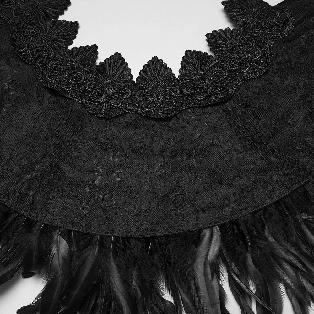 Gothic Feather and Lace Cape with Reversible Design showcasing intricate lace detailing and luxurious feathers.