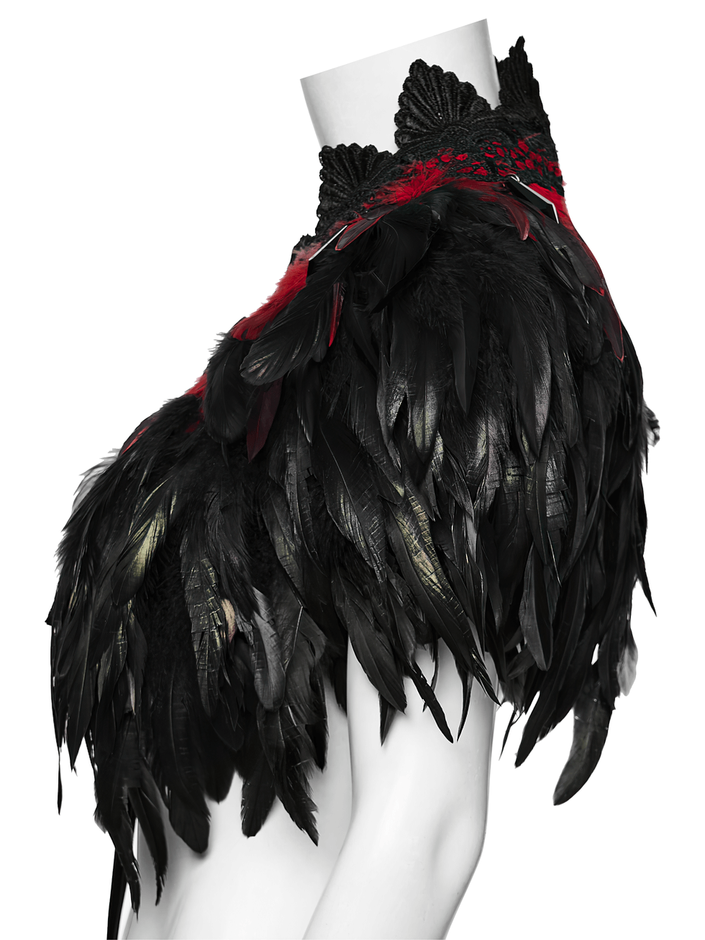 Gothic Feather and Lace Cape with Reversible Design showcasing a sleek black and red feathered design.