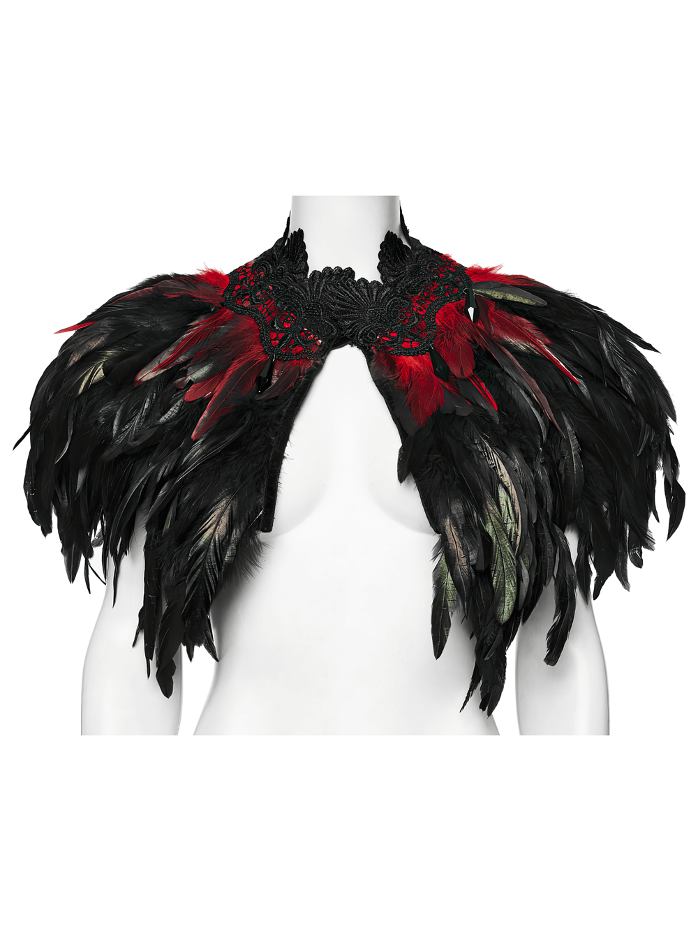 Gothic Feather and Lace Cape with Reversible Design featuring bold black and red feathers and lace detailing.