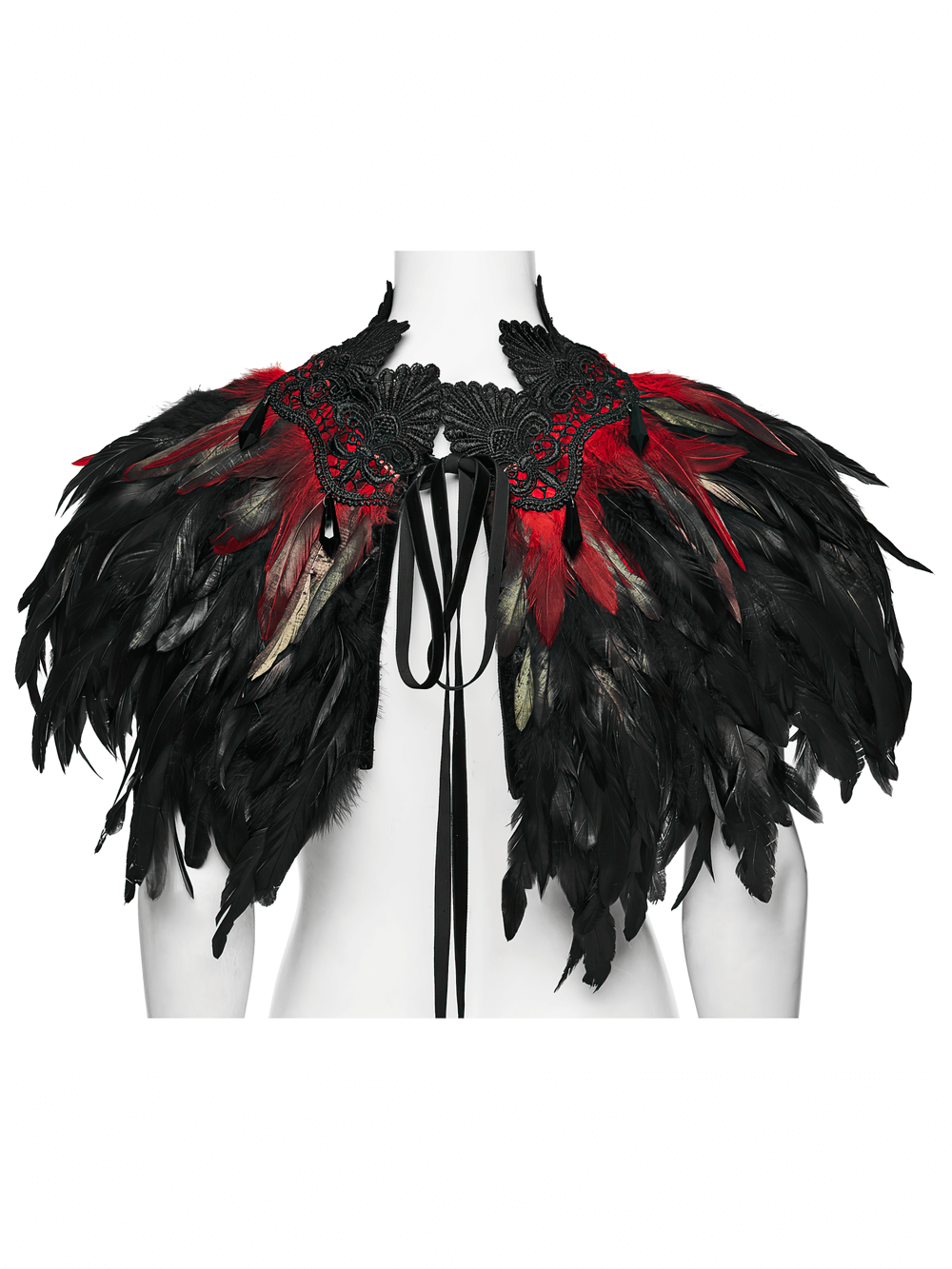 Gothic Feather and Lace Cape with Reversible Design showcasing dramatic feathers and lace ties for gothic elegance.