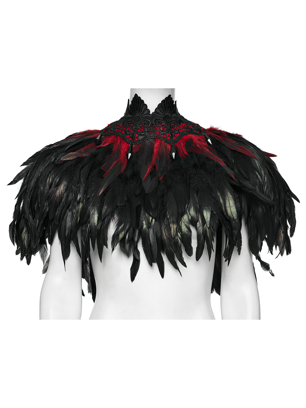 Gothic Feather and Lace Cape with Reversible Design featuring striking black feathers and intricate lace details.