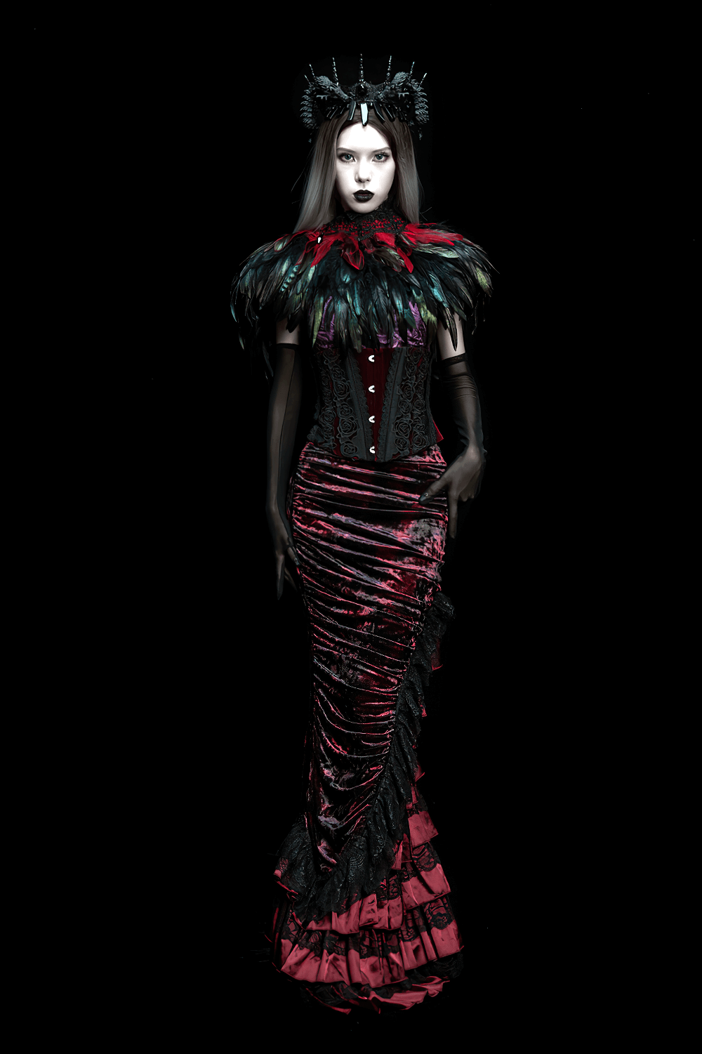 Gothic Feather and Lace Cape with Reversible Design styled with dark elegance and noble details.