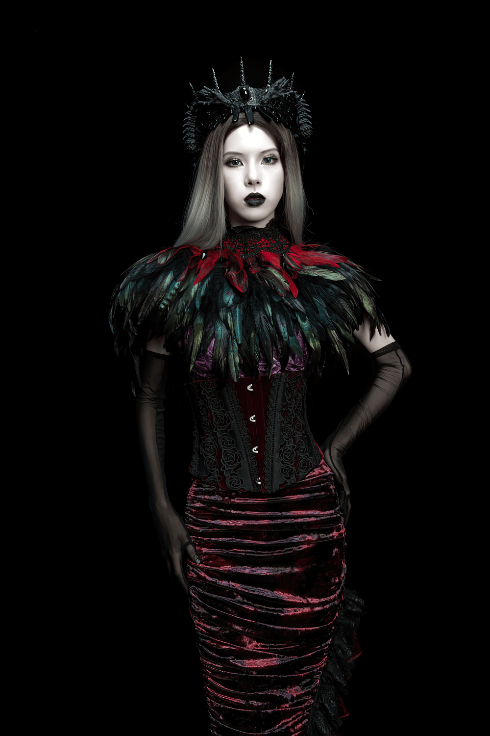 Gothic Feather and Lace Cape with Reversible Design worn by model in dramatic gothic attire.