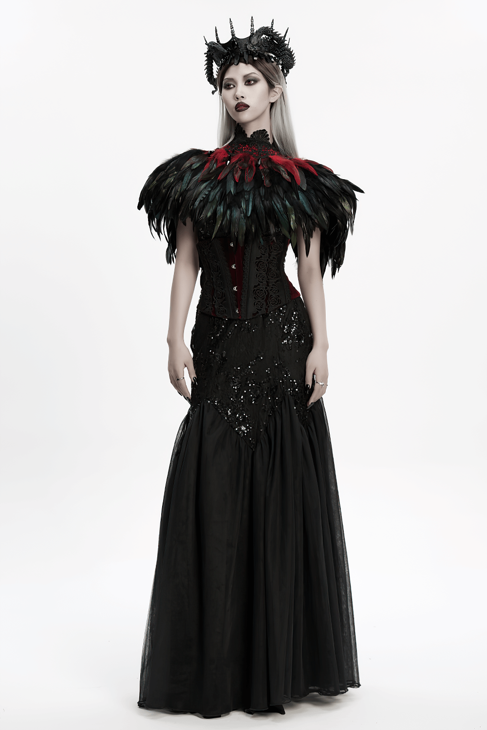 Gothic Feather and Lace Cape with Reversible Design worn by model, showcasing gothic elegance and intricate details.