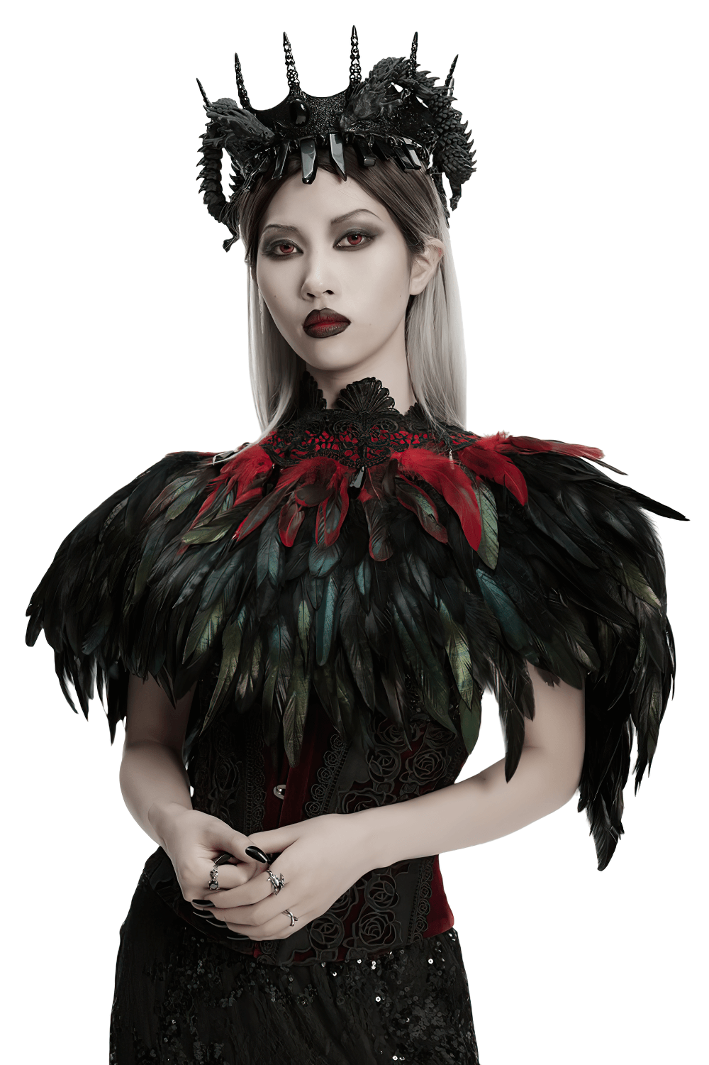 Gothic Feather and Lace Cape with Reversible Design on model showcasing elegance and unique style
