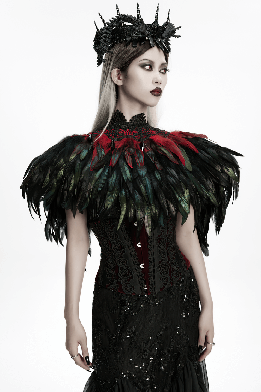 Gothic Feather and Lace Cape with Reversible Design worn by model, showcasing feathers and lace in dark elegant style.