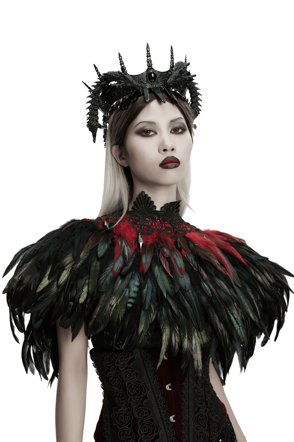 Gothic Feather and Lace Cape with Reversible Design showcased with dramatic feather detailing and a gothic crown.