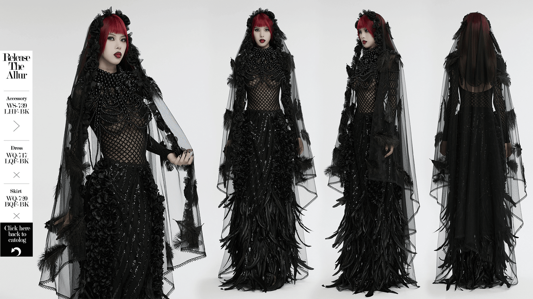 Gothic model showcasing a dramatic black veil with feather and lace details, perfect for alternative fashion.