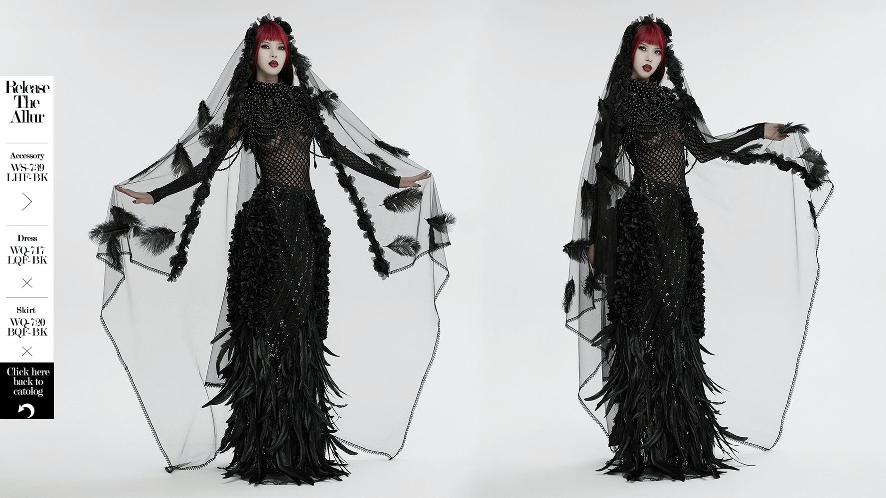 Gothic feather and rose mesh veil with lace hem, featuring dynamic 3D roses and elegant feathers.