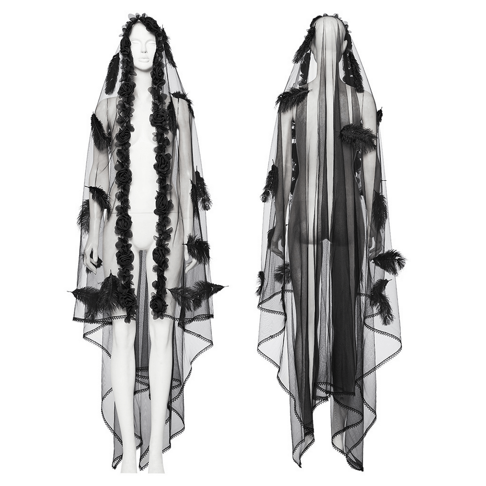 Gothic feather and rose mesh veil with lace hem, showcasing striking 3D roses and elegant feather details.