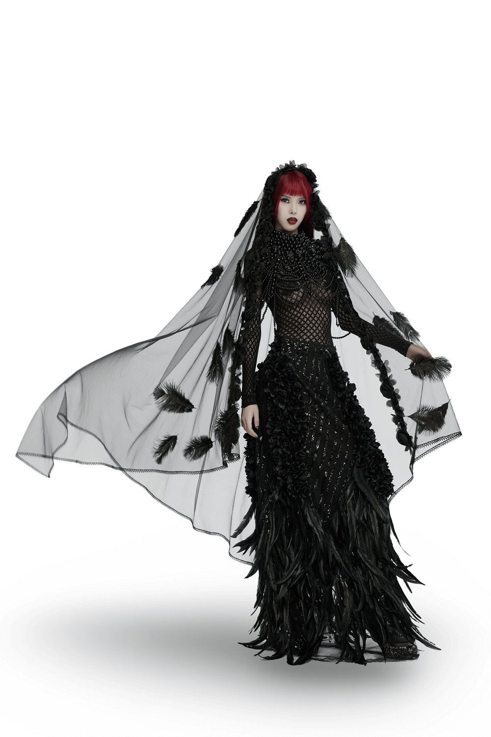 Gothic feather and rose mesh veil with lace hem, worn by model, showcasing dramatic black design and ethereal flow.
