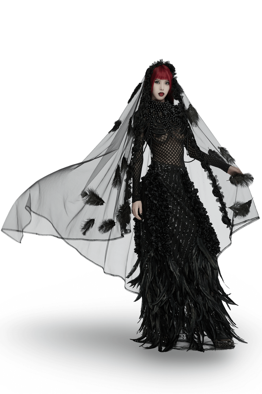 Gothic feather and rose mesh veil with lace hem, worn by model, showcasing dramatic black design and ethereal flow.