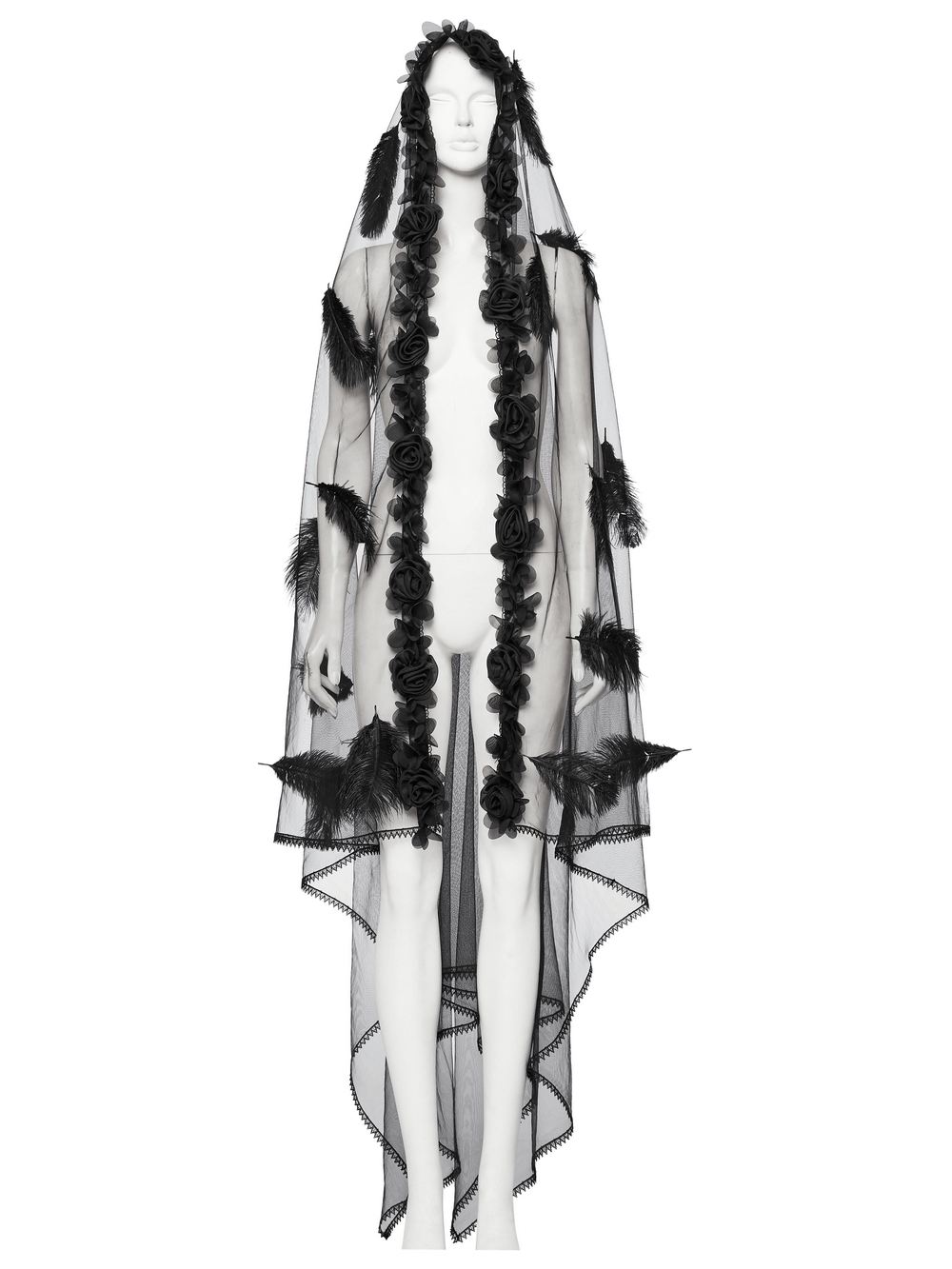 Dynamic Gothic veil with 3D roses and feather details, featuring a delicate lace hem.