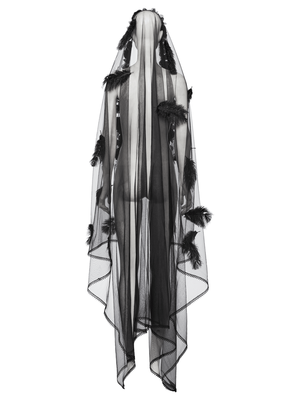 Gothic black mesh veil adorned with 3D roses and feathers, featuring a delicate lace hem for a dramatic flair.