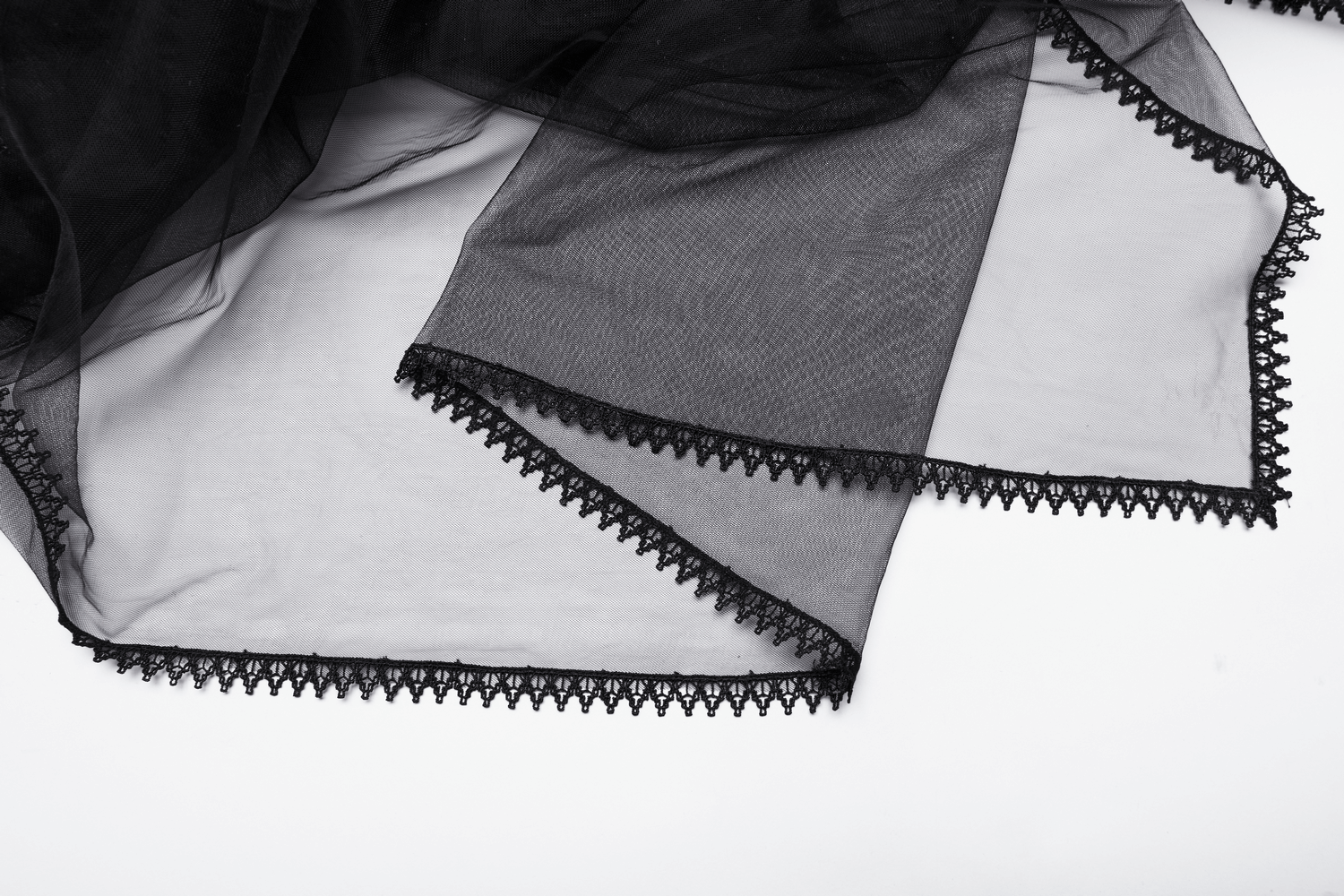 Lightweight black mesh fabric showing lace hem details, perfect for gothic or alternative fashion accessories.