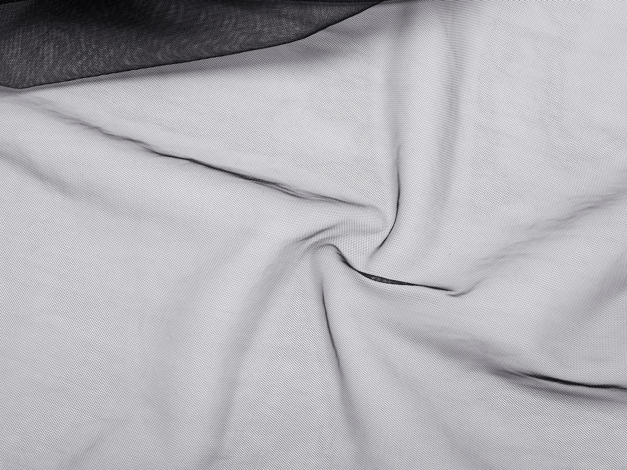 Lightweight black mesh fabric showcasing elegant texture, perfect for gothic and alternative fashion designs.