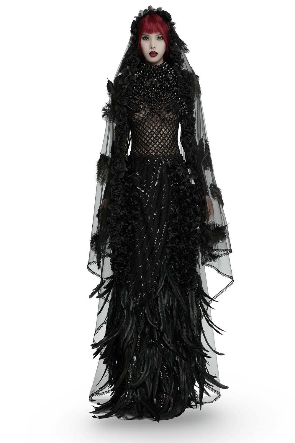 Gothic veil with 3D roses and feather details, featuring a lace hem for dramatic flair.