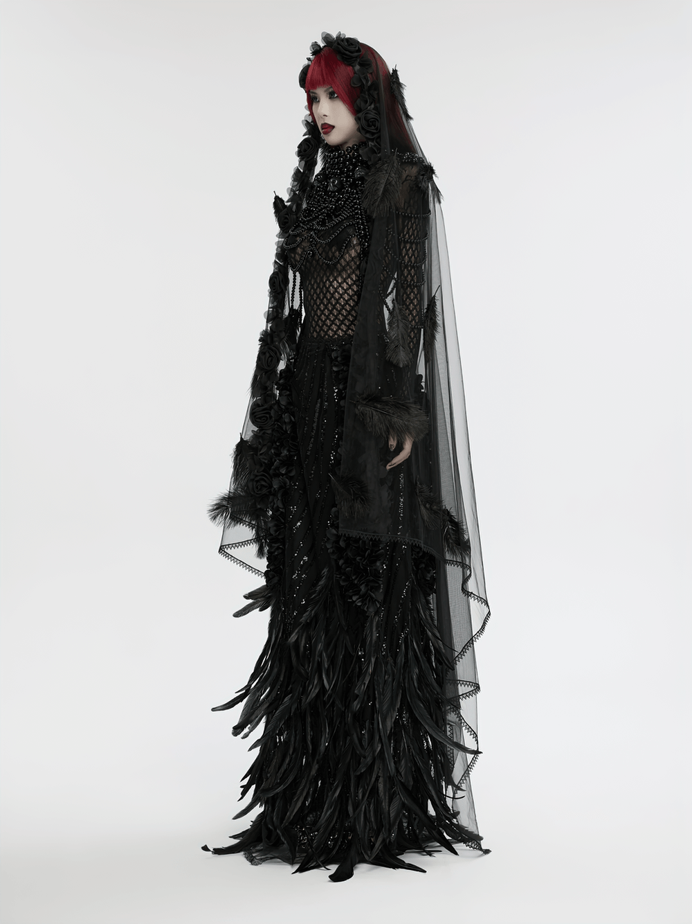 Gothic mesh veil with lace hem, feathers, and 3D roses, perfect for alternative fashion.
